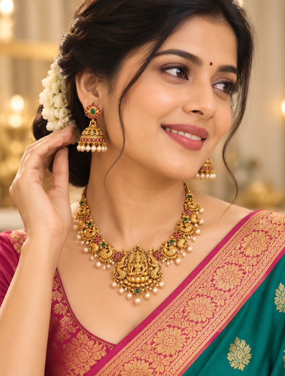 The same necklace and jhumkas worn by a model