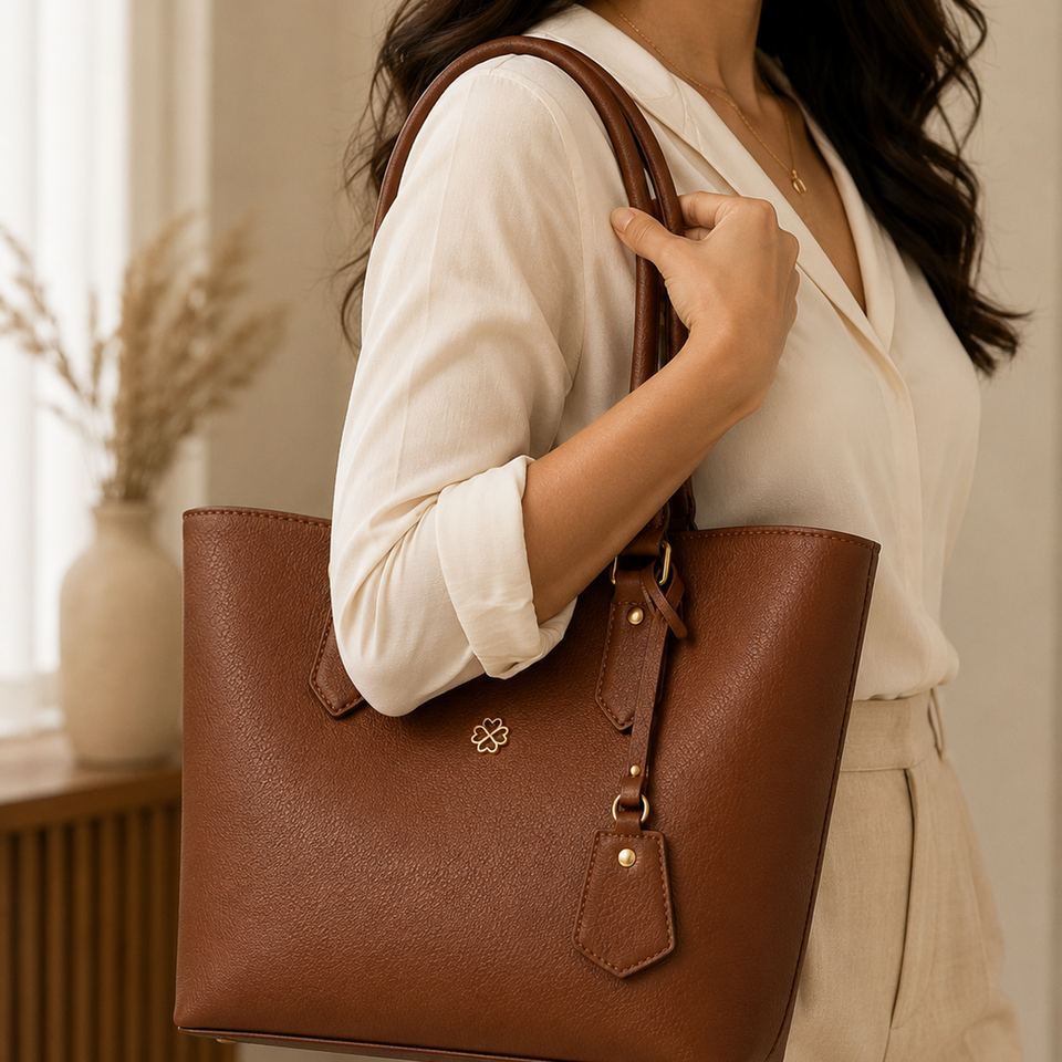 A model carrying a tan leather tote