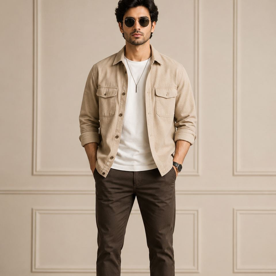 A male model wearing a beige overshirt