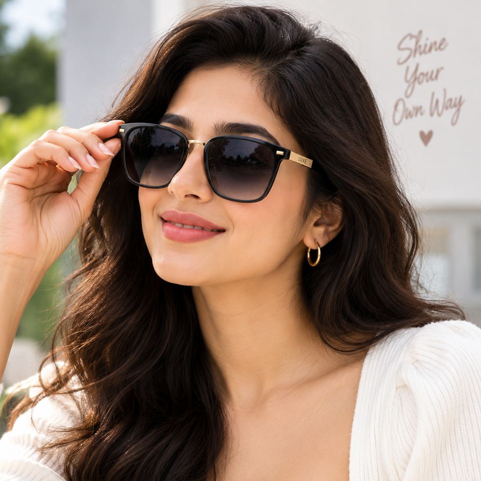 A woman wearing black sunglasses with gold detailing