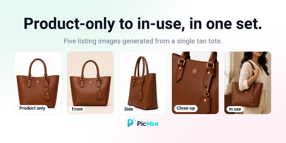 Five catalogue views generated from one tote photo