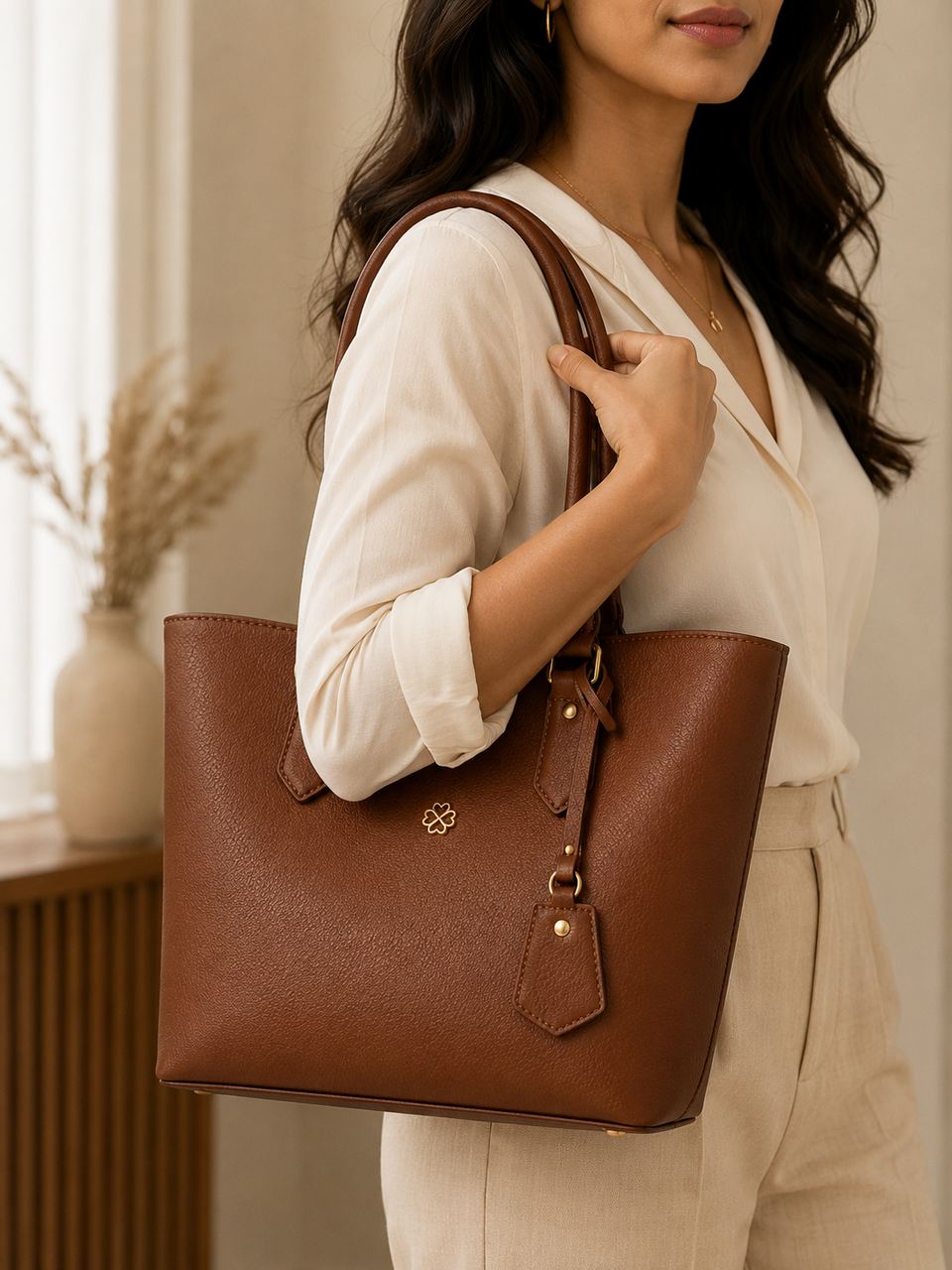 The same tan leather tote carried by a model in a styled room