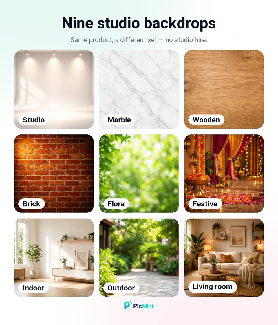 Nine studio backdrop options including marble, wood, brick and flora
